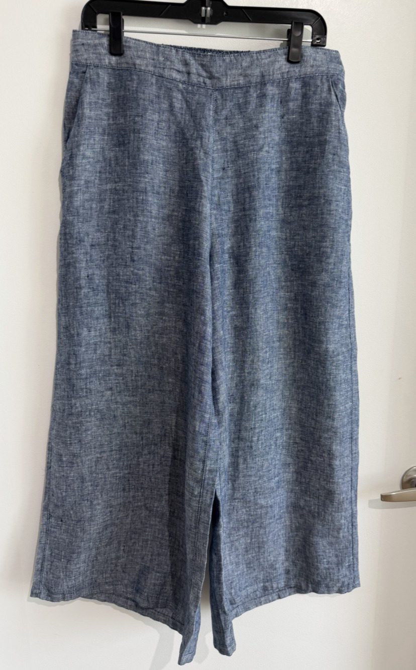 Nicole Miller New York 100% Linen Wide Leg Palazzo Pants Blue Gray Lagenlook L